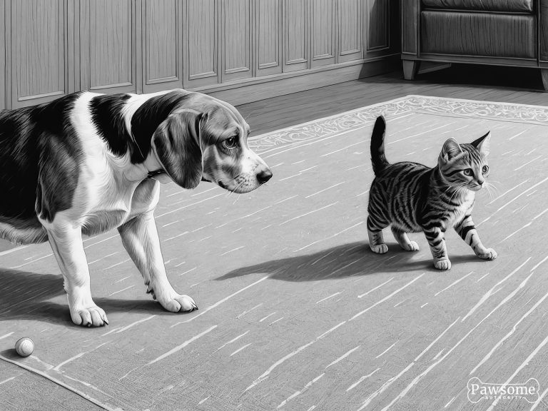 A grayscale illustration of a Beagle socializing with a cat on a rug in a living room.