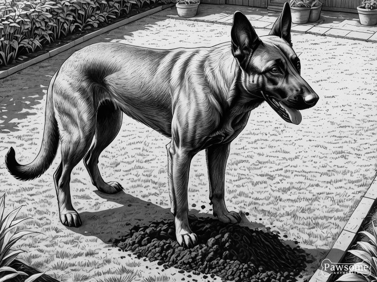A grayscale illustration of a Belgian Malinois digging a hole in a garden on a bright and sunny day.