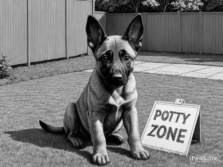 A grayscale illustration of a Belgian Malinois puppy sitting in a designated potty area in a yard with a sign that reads “Potty Zone”.