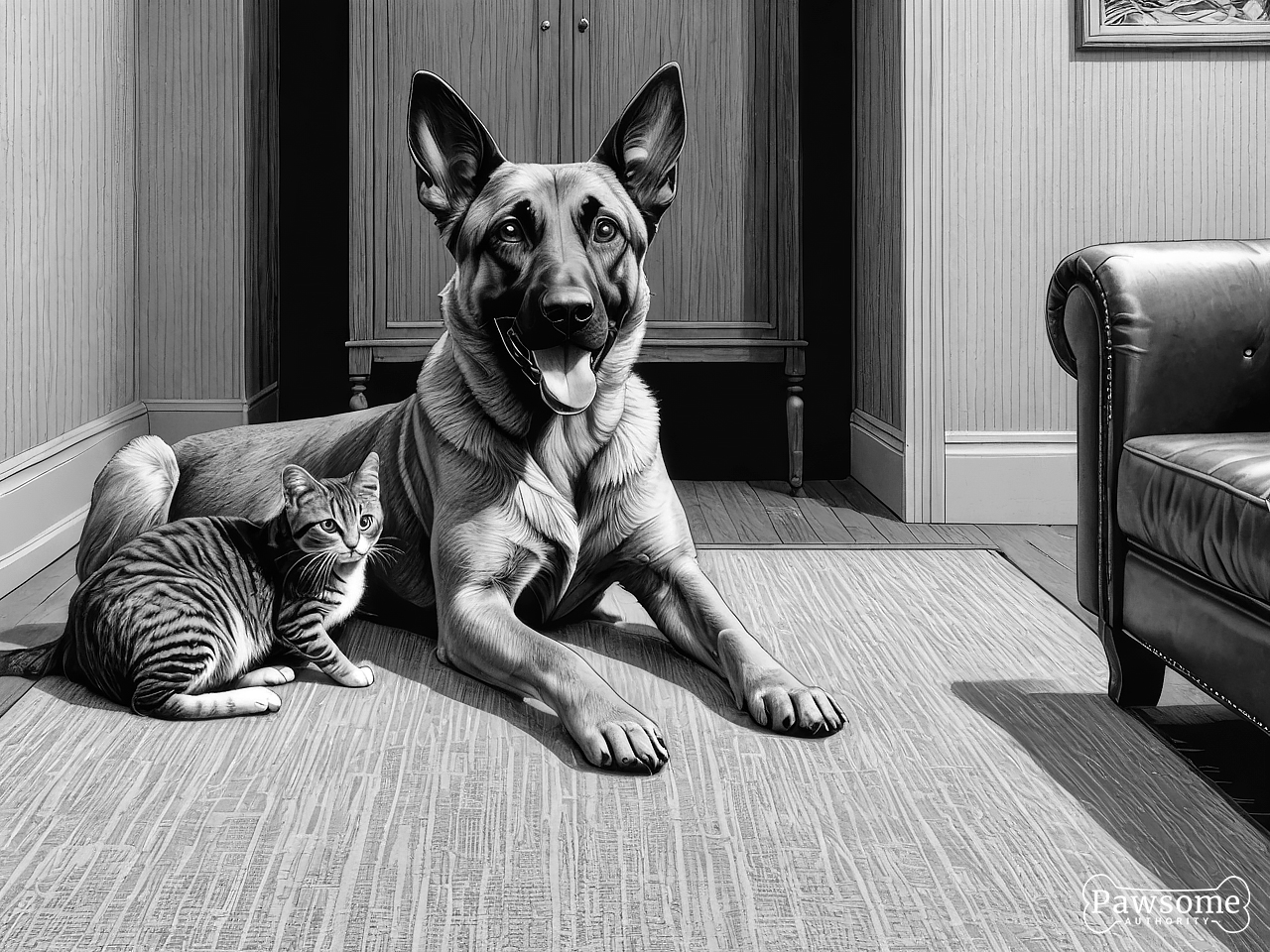 A grayscale illustration of a Belgian Malinois socializing with a cat on a rug in a living room.