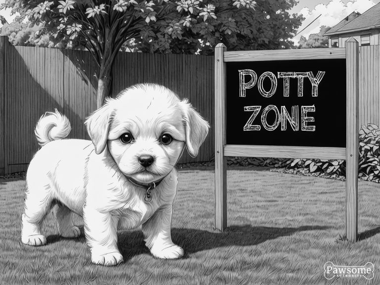 A grayscale illustration of a Bichon Frisé puppy sitting in a designated potty area in a yard with a sign that reads “Potty Zone”.