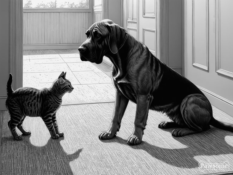 A grayscale illustration of a Bloodhound socializing with a cat on a rug in a living room.