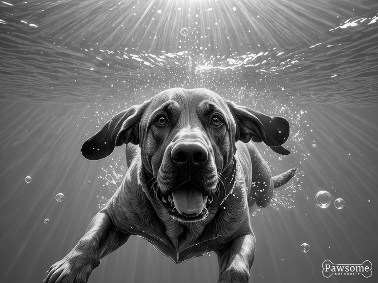 A grayscale illustration of a Bloodhound swimming underwater on a bright and sunny day with light rays piercing through.