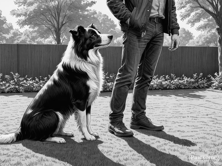 A grayscale illustration of a Border Collie beside its owner during an obedience training session in a yard on a sunny day.