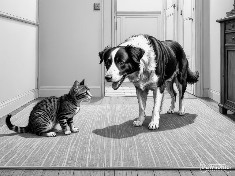 A grayscale illustration of a Border Collie socializing with a cat on a rug in a living room.