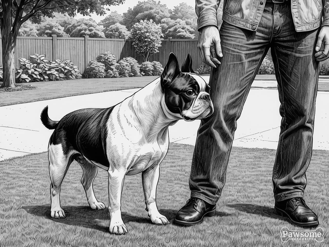 A grayscale illustration of a Boston Terrier beside its owner during an obedience training session in a yard on a sunny day.