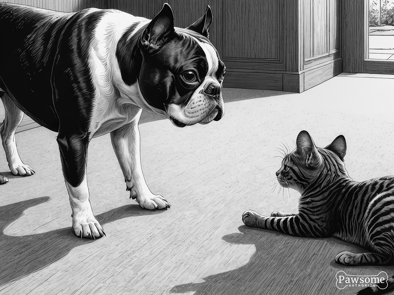 A grayscale illustration of a Boston Terrier socializing with a cat on a rug in a living room.
