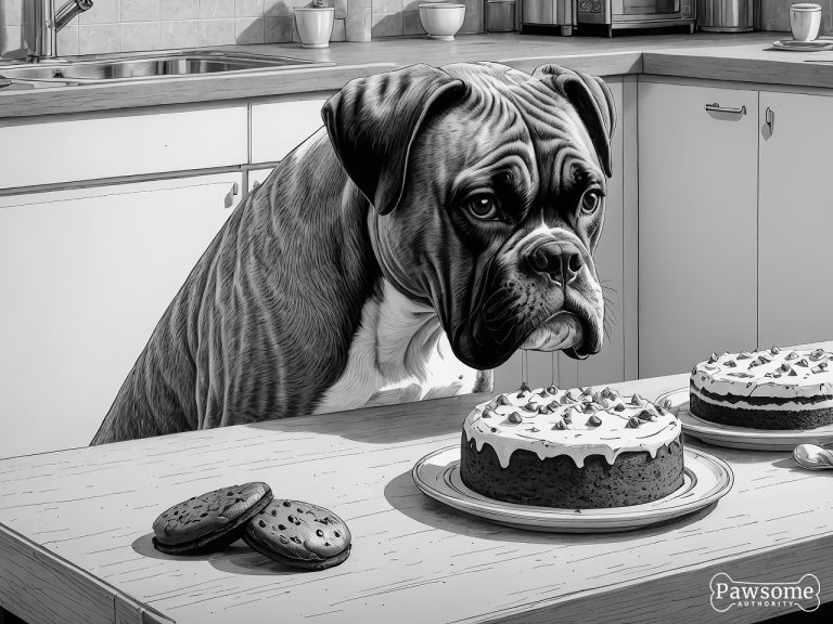 A grayscale illustration of a Boxer demonstrating focus and impulse control in the presence of delectable sweets.