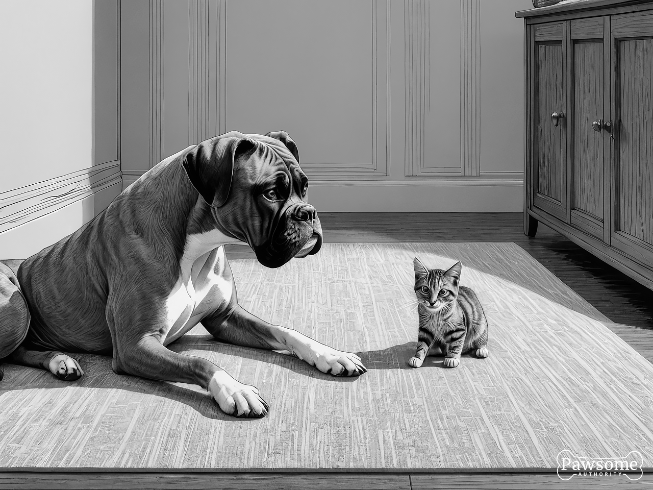 A grayscale illustration of a Boxer socializing with a cat on a rug in a living room.