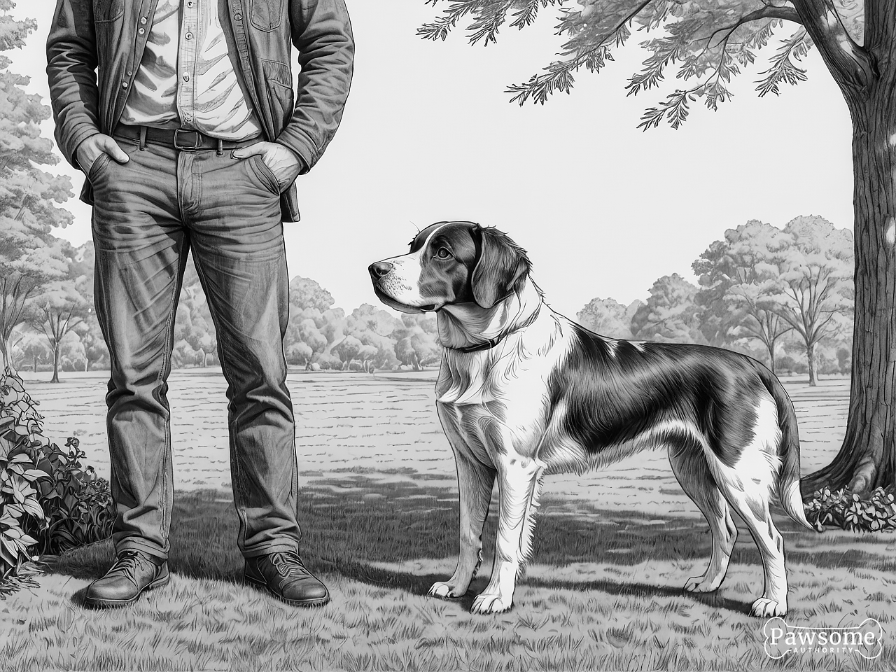 A grayscale illustration of a Brittany beside its owner during an obedience training session in a yard on a sunny day.