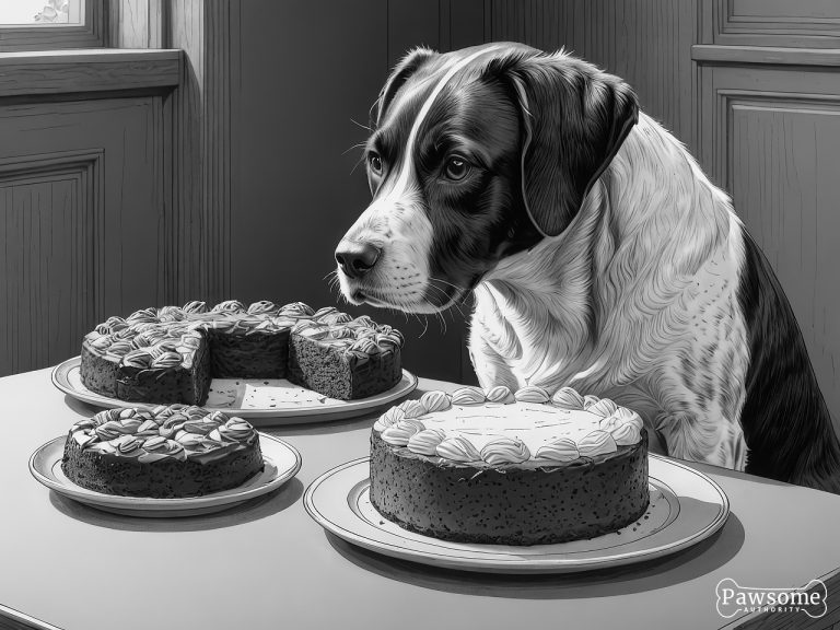 A grayscale illustration of a Brittany demonstrating focus and impulse control in the presence of delectable sweets.