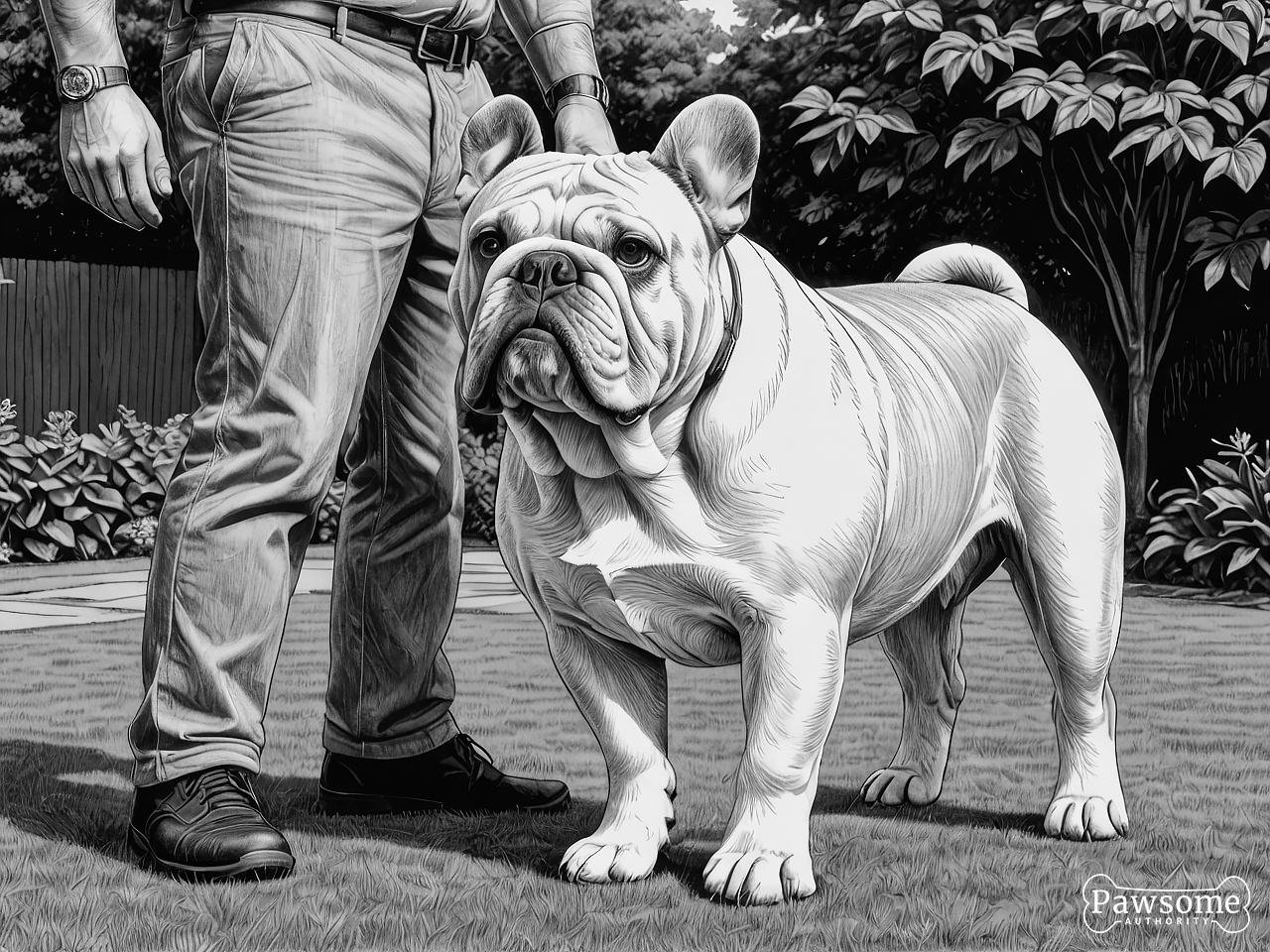 A grayscale illustration of a Bulldog beside its owner during an obedience training session in a yard on a sunny day.