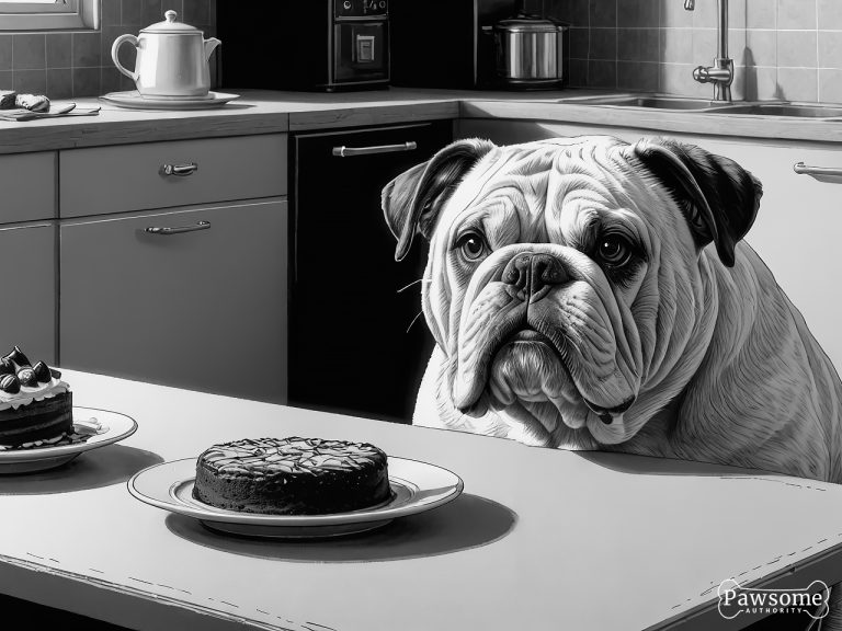 A grayscale illustration of a Bulldog demonstrating focus and impulse control in the presence of delectable sweets.
