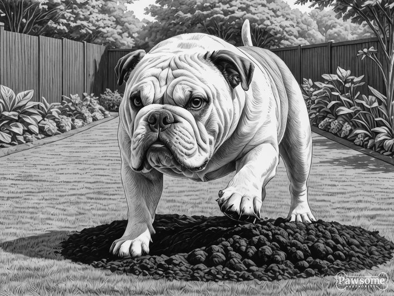 A grayscale illustration of a Bulldog digging a hole in a garden on a bright and sunny day.