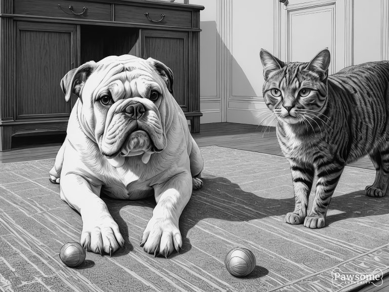 A grayscale illustration of a Bulldog socializing with a cat on a rug in a living room.