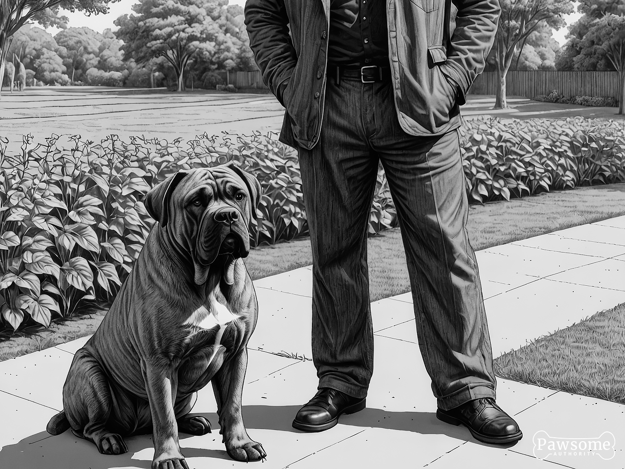 A grayscale illustration of a Cane Corso beside its owner during an obedience training session in a yard on a sunny day.