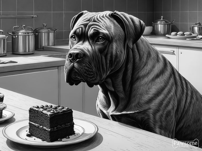 A grayscale illustration of a Cane Corso demonstrating focus and impulse control in the presence of delectable sweets.