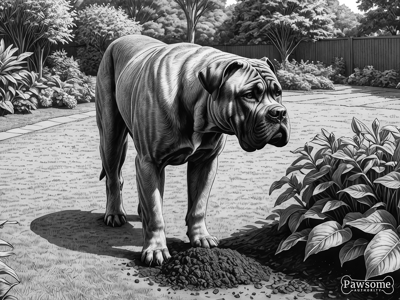 A grayscale illustration of a Cane Corso digging a hole in a garden on a bright and sunny day.