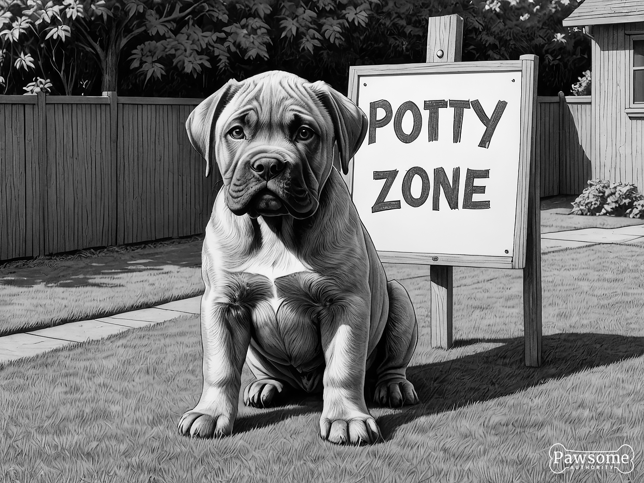 A grayscale illustration of a Cane Corso puppy sitting in a designated potty area in a yard with a sign that reads “Potty Zone”.