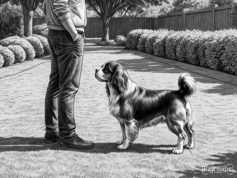 A grayscale illustration of a Cavalier King Charles Spaniel beside its owner during an obedience training session in a yard on a sunny day.