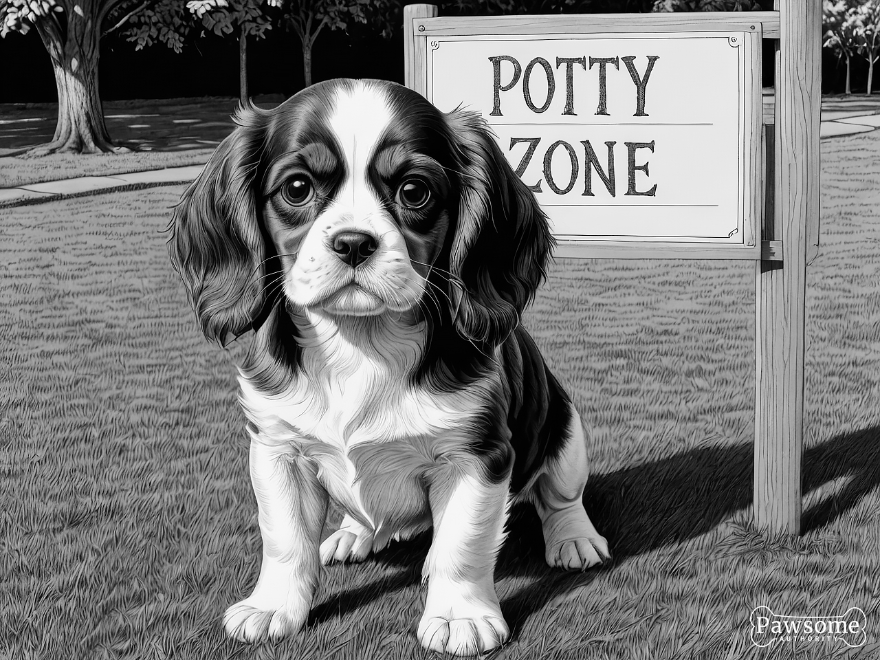 A grayscale illustration of a Cavalier King Charles Spaniel puppy sitting in a designated potty area in a yard with a sign that reads “Potty Zone”.