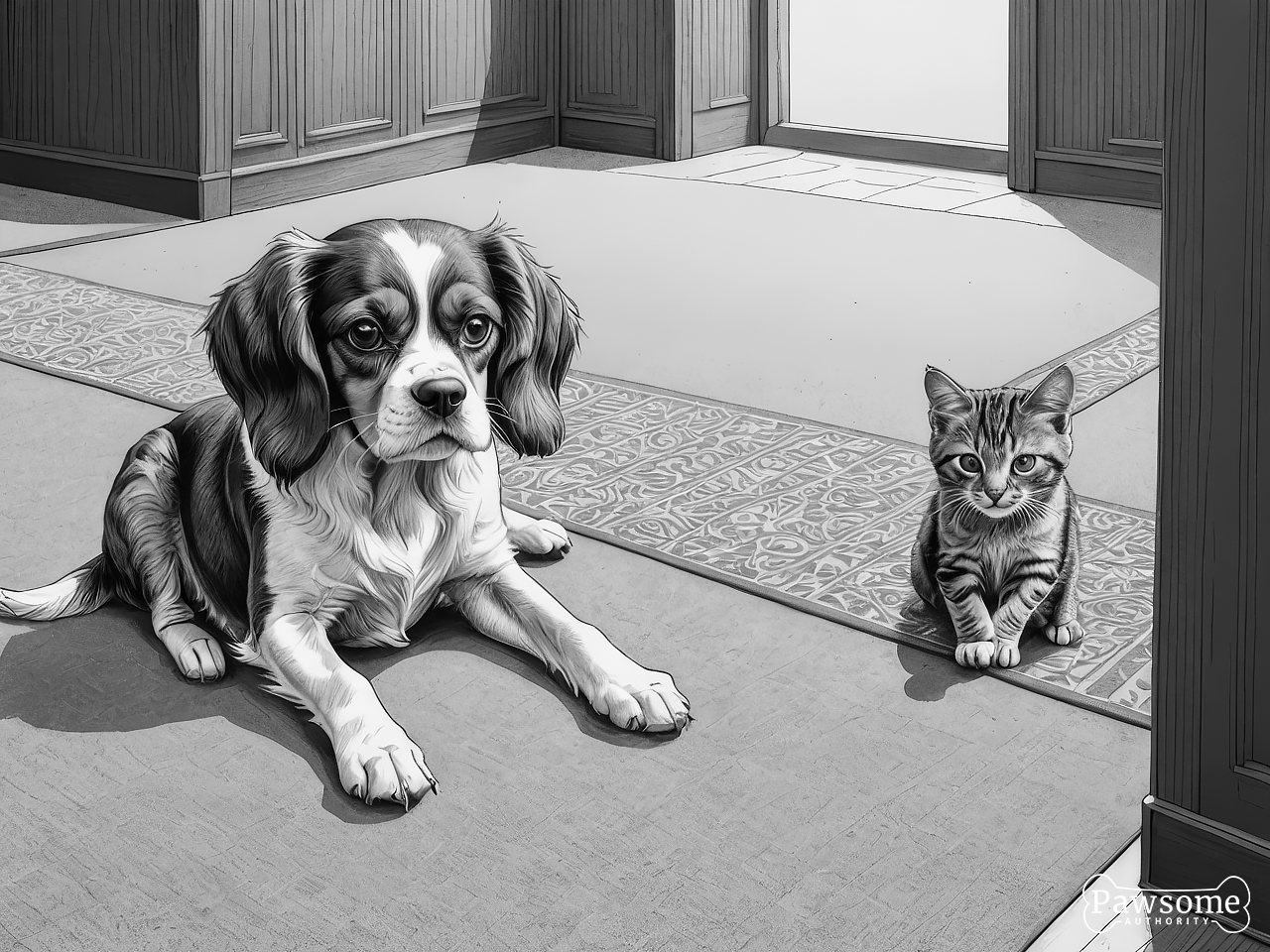 A grayscale illustration of a Cavalier King Charles Spaniel socializing with a cat on a rug in a living room.