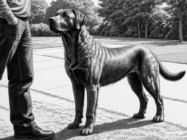 A grayscale illustration of a Chesapeake Bay Retriever beside its owner during an obedience training session in a yard on a sunny day.