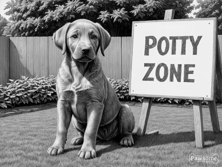A grayscale illustration of a Chesapeake Bay Retriever puppy sitting in a designated potty area in a yard with a sign that reads “Potty Zone”.