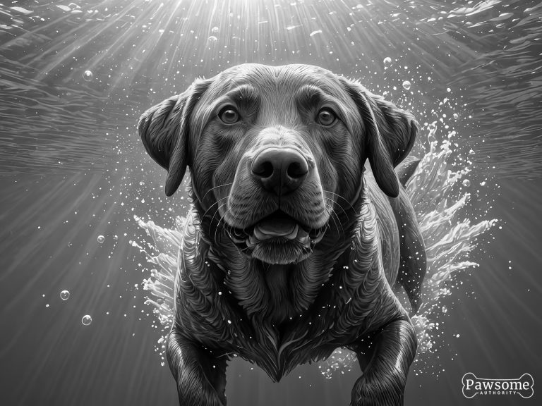A grayscale illustration of a Chesapeake Bay Retriever swimming underwater on a bright and sunny day with light rays piercing through.