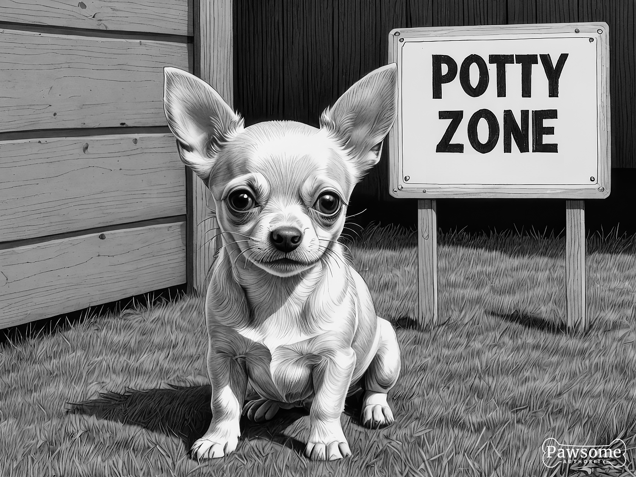 A grayscale illustration of a Chihuahua puppy sitting in a designated potty area in a yard with a sign that reads “Potty Zone”.
