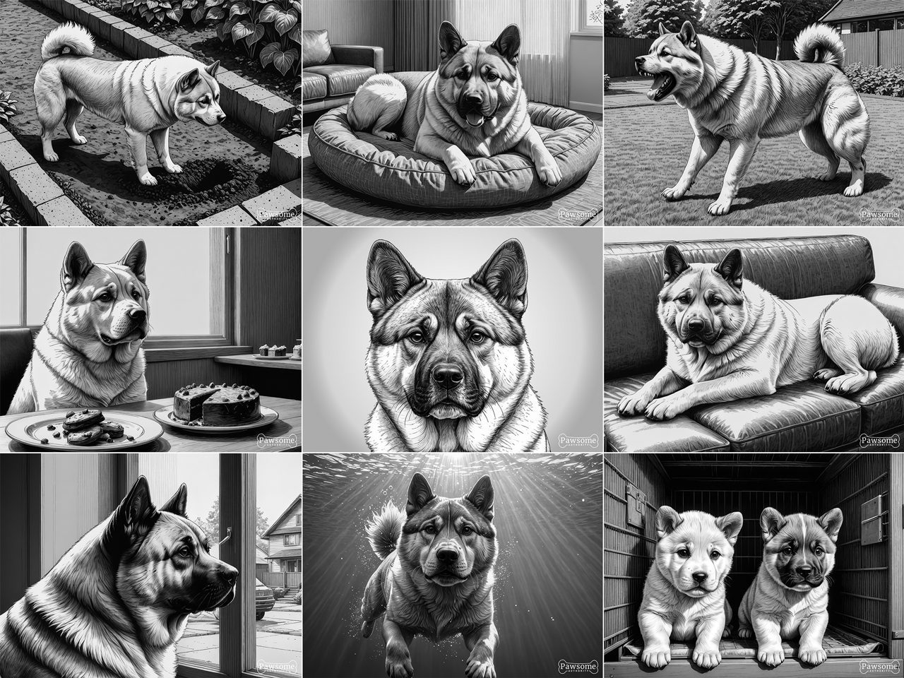A grayscale collage of Akita images.