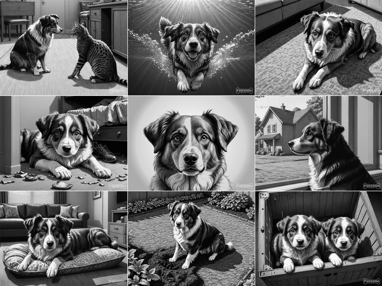 A grayscale collage of Australian Shepherd images.