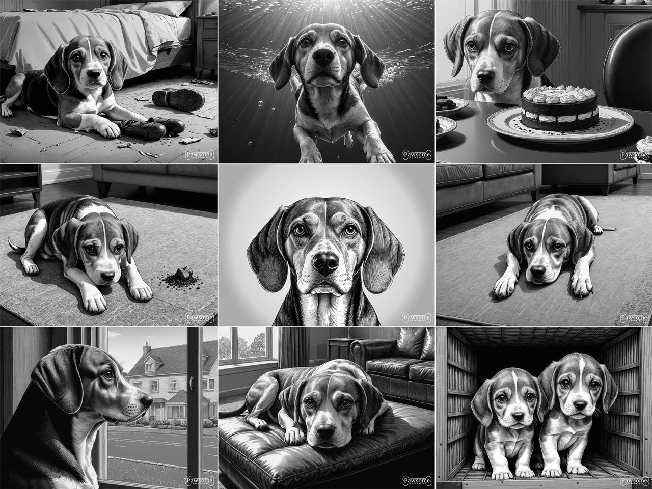 A grayscale collage of Beagle images.
