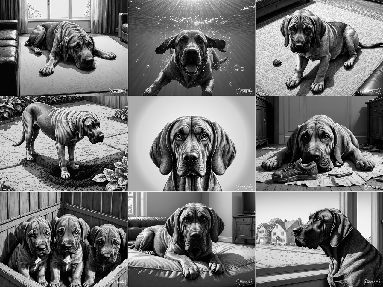 A grayscale collage of Bloodhound images.