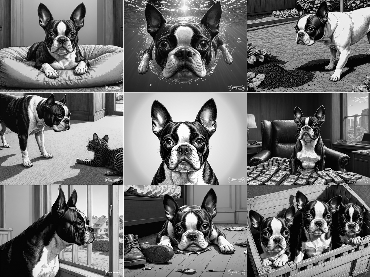 A grayscale collage of Boston Terrier images.