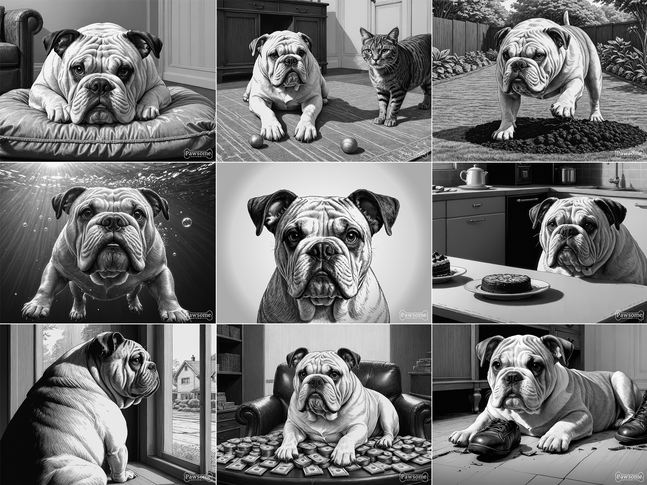 A grayscale collage of Bulldog images.