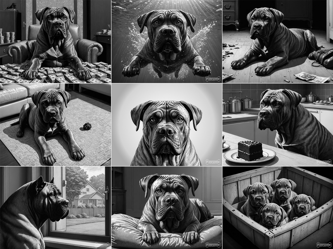 A grayscale collage of Cane Corso images.