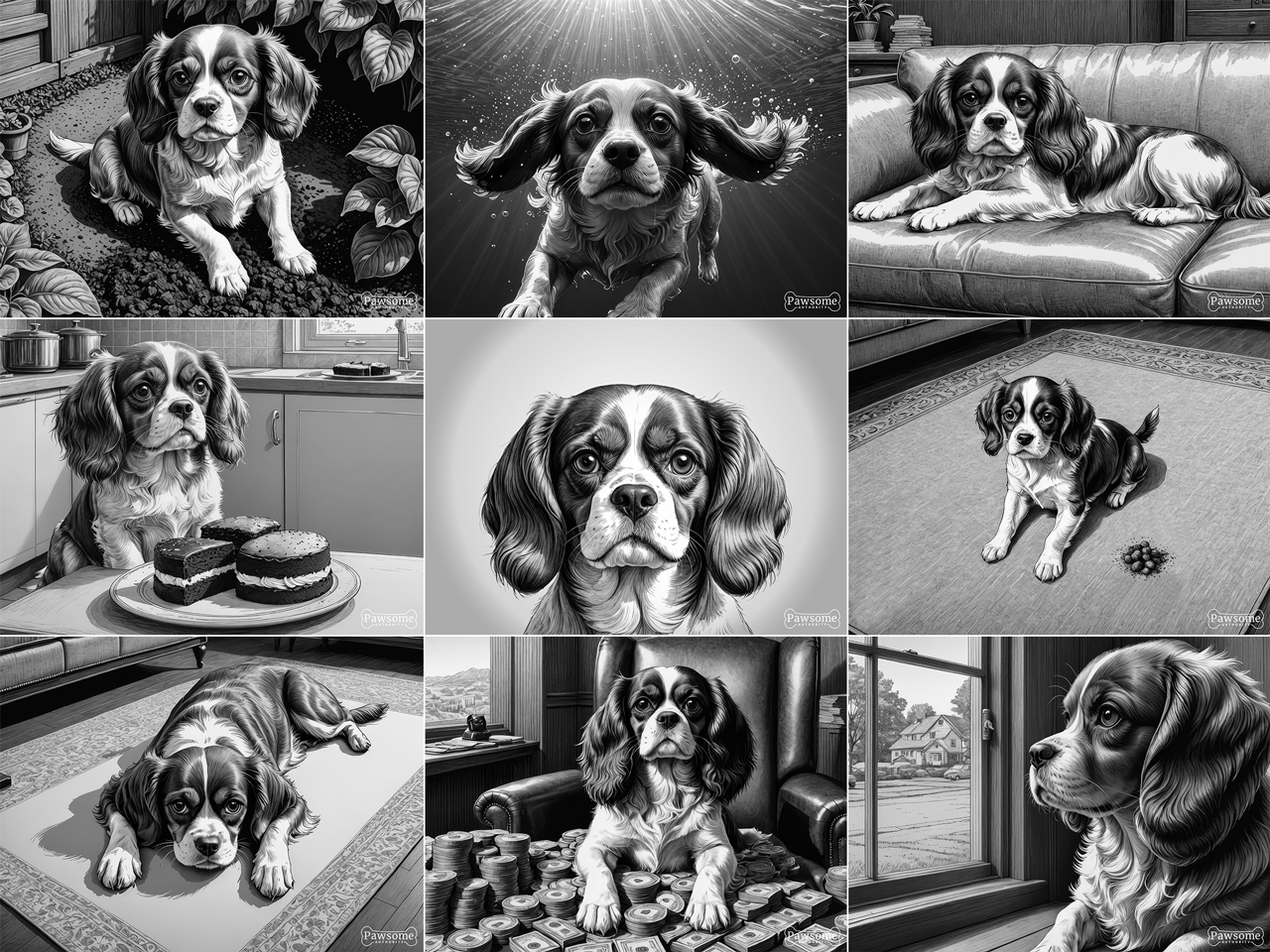 A grayscale collage of Cavalier King Charles Spaniel images.