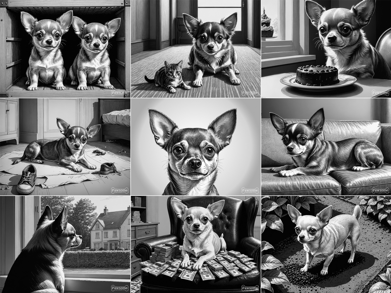 A grayscale collage of Chihuahua images.