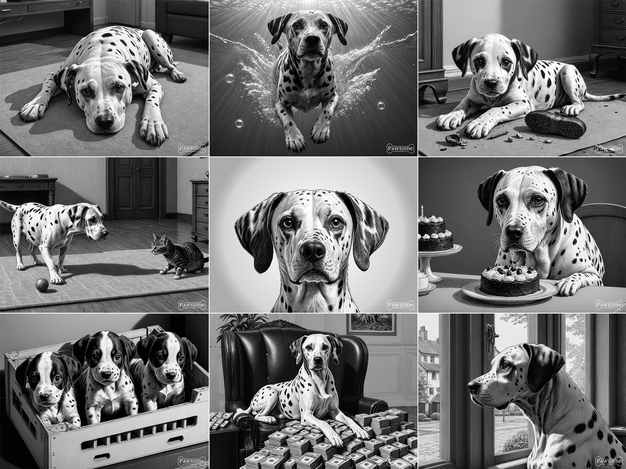 A grayscale collage of Dalmatian images.