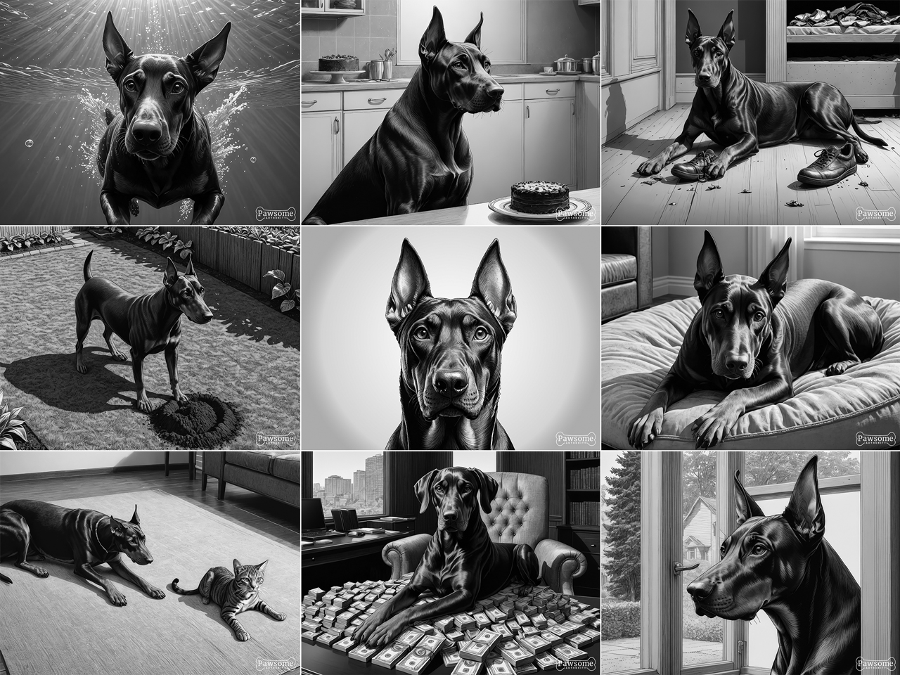 A grayscale collage of Doberman Pinscher images.