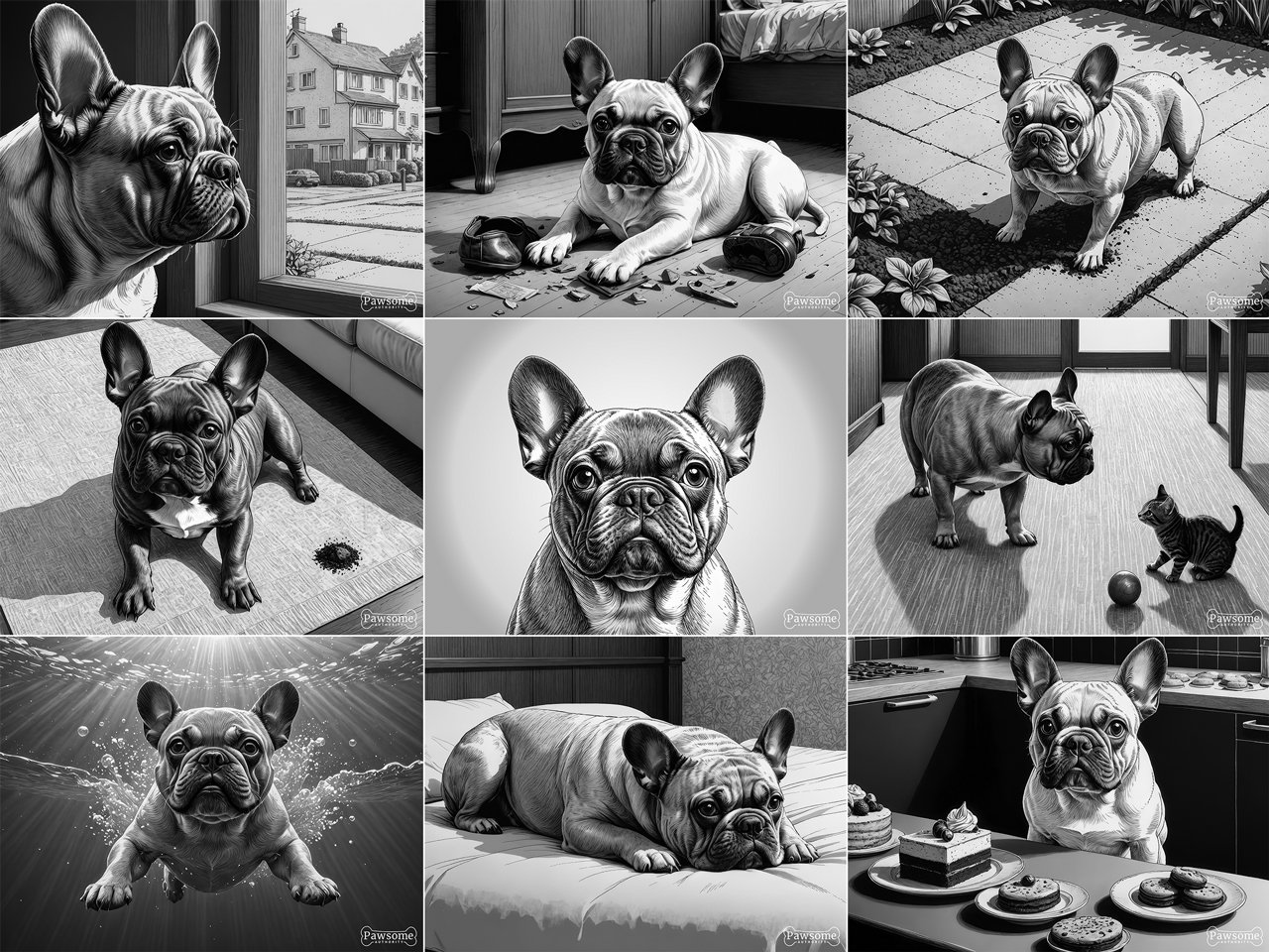 A grayscale collage of French Bulldog images.