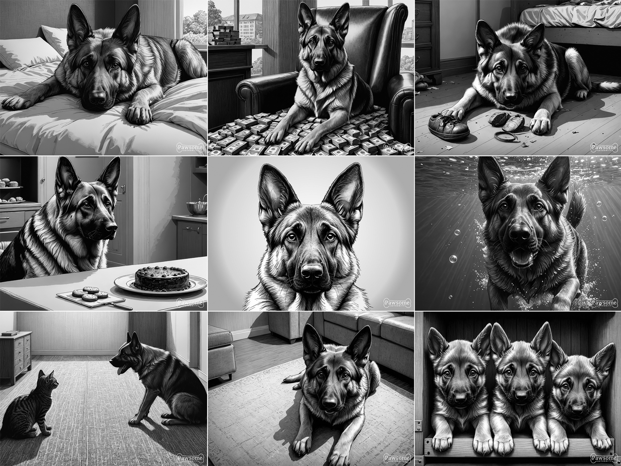 A grayscale collage of German Shepherd images.