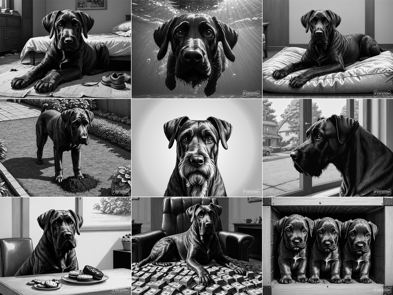 A grayscale collage of Giant Schnauzer images.