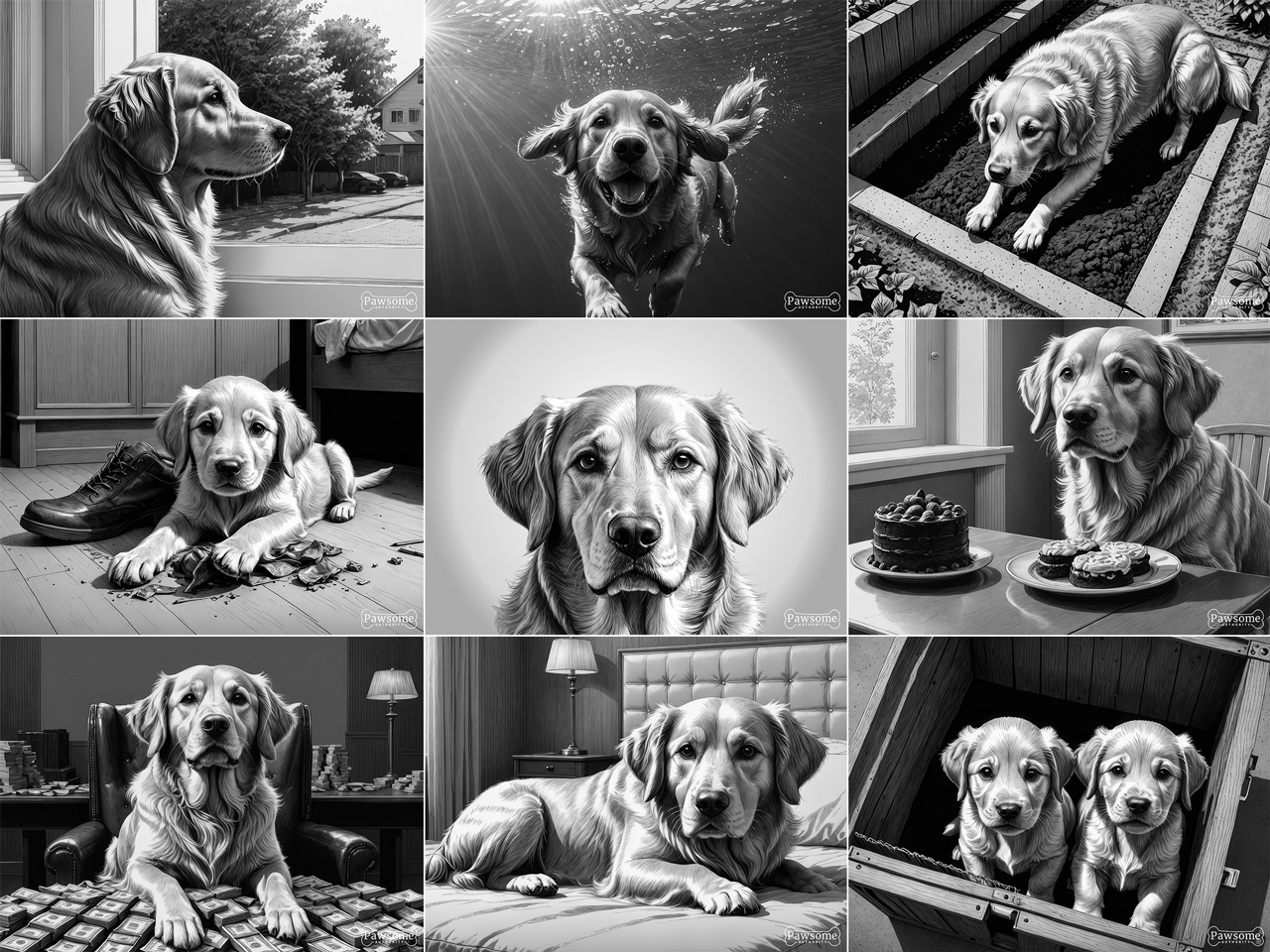 A grayscale collage of Golden Retriever images.