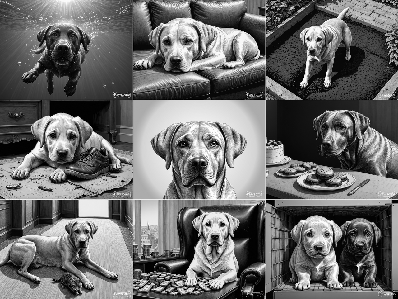 A grayscale collage of Labrador Retriever images.