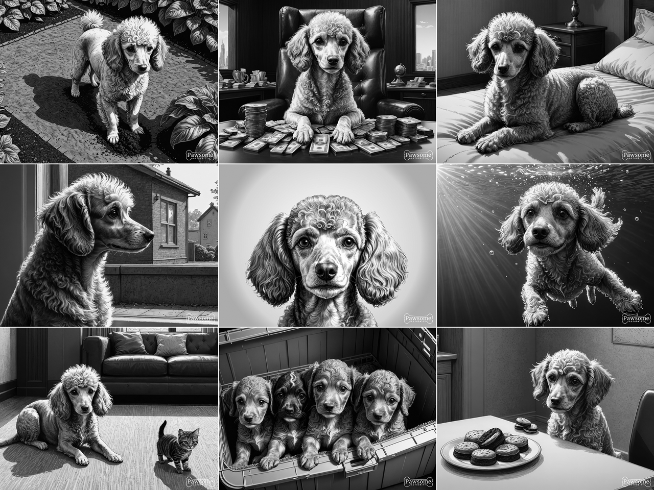 A grayscale collage of Miniature Poodle images.