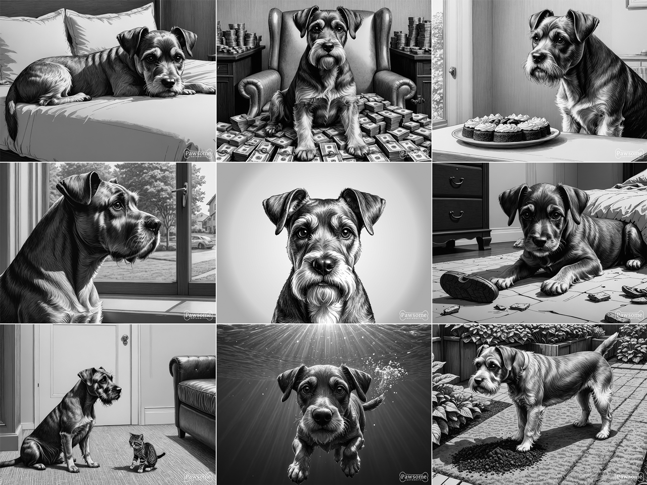 A grayscale collage of Miniature Schnauzer images.