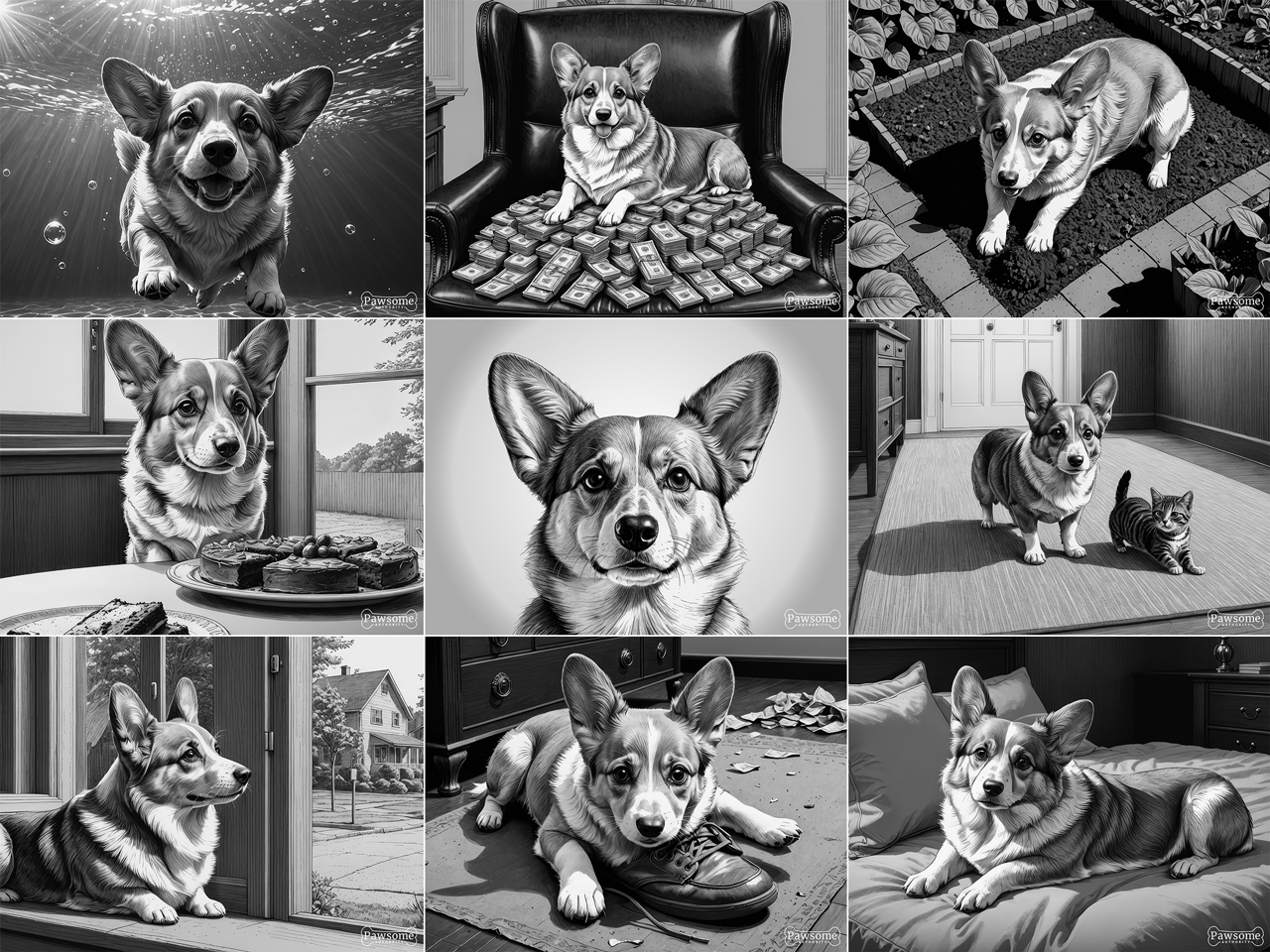 A grayscale collage of Pembroke Welsh Corgi images.