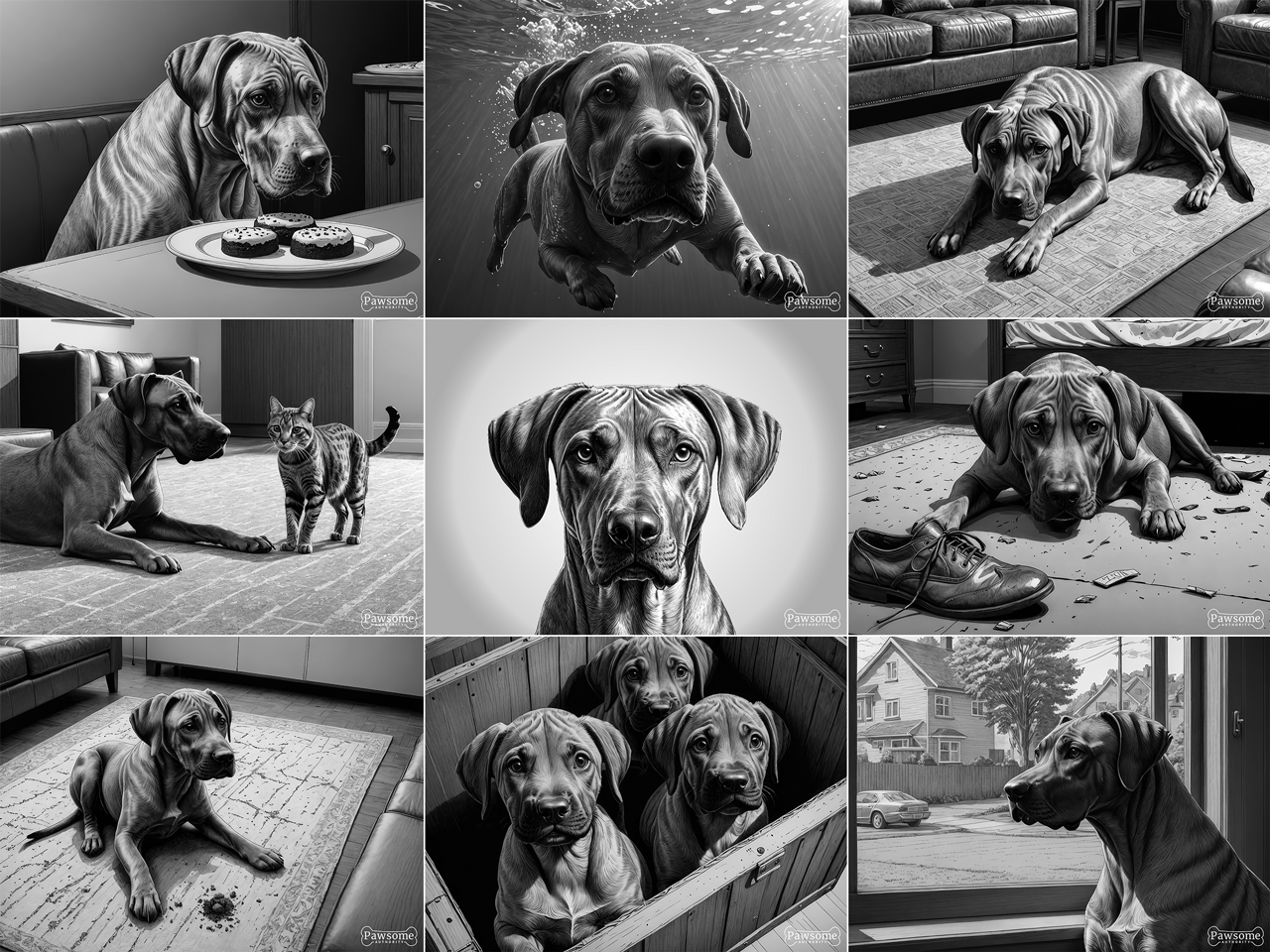 A grayscale collage of Rhodesian Ridgeback images.